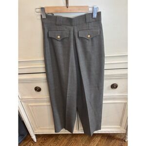 Chanel Vintage 1990 Gray Linen Trousers High Waisted Gold Logo Pocket Buttons 36